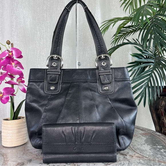 Coach Soho Pleated North South Tote F15045 And Trifold Wallet Set SV/Black - Picture 1 of 15